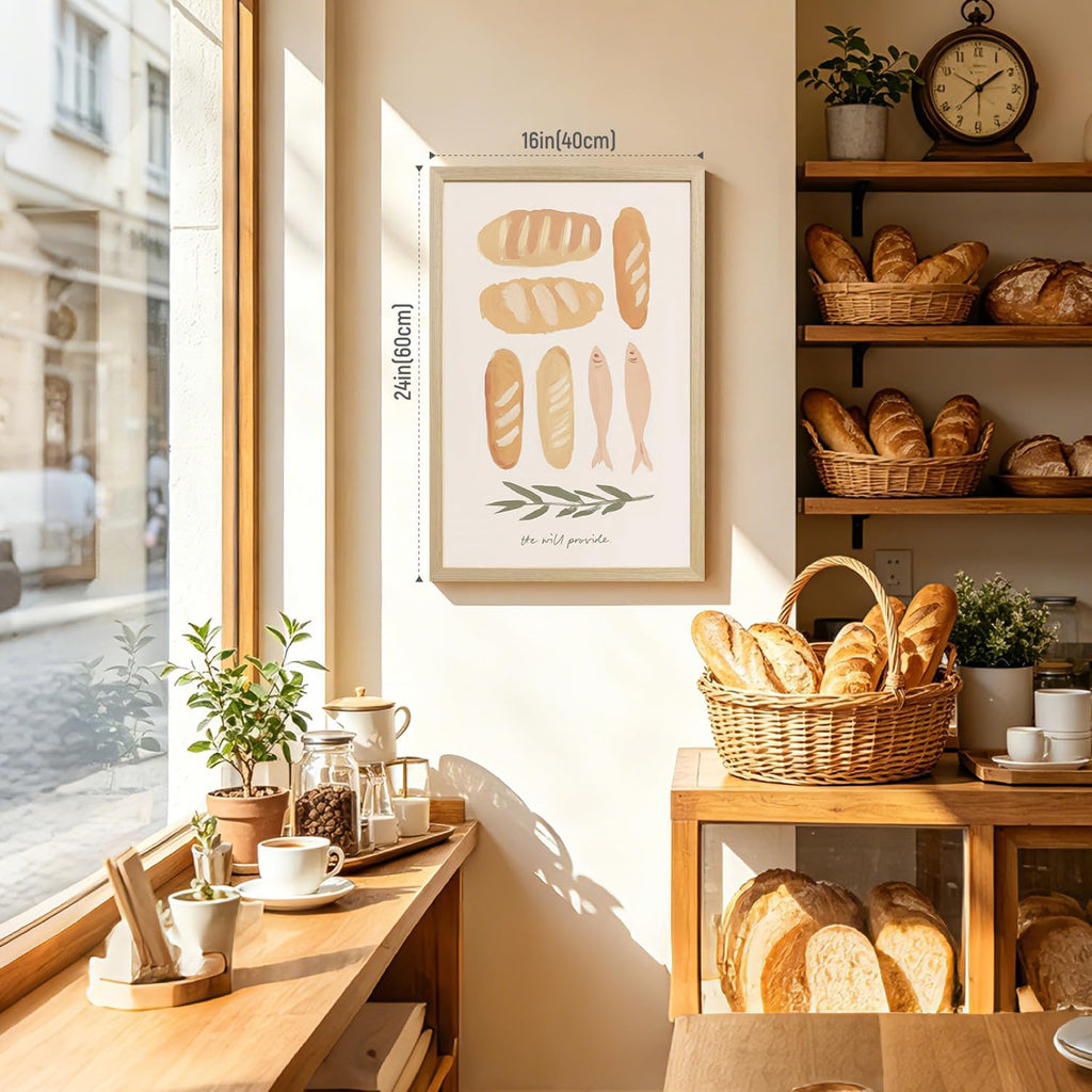 Wood Framed Christian Kitchen Wall Art, Biblical Bread and Fish Wall Decor, He Will Provide Scripture Poster Print