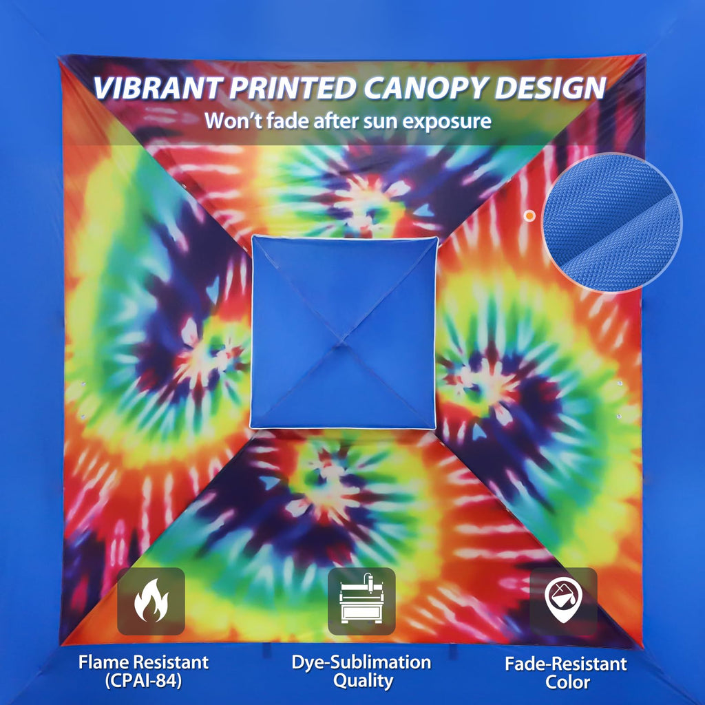 13x13 Pop Up Canopy Tent, Auto Extended Eaves, Cosmic Tie Dye