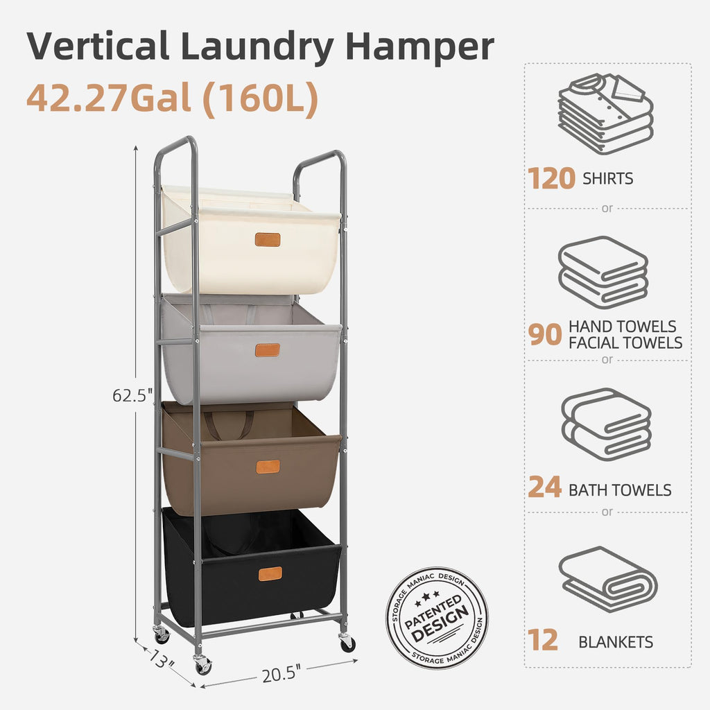 Vertical Rolling Laundry Hamper, 4 Section Laundry Sorter