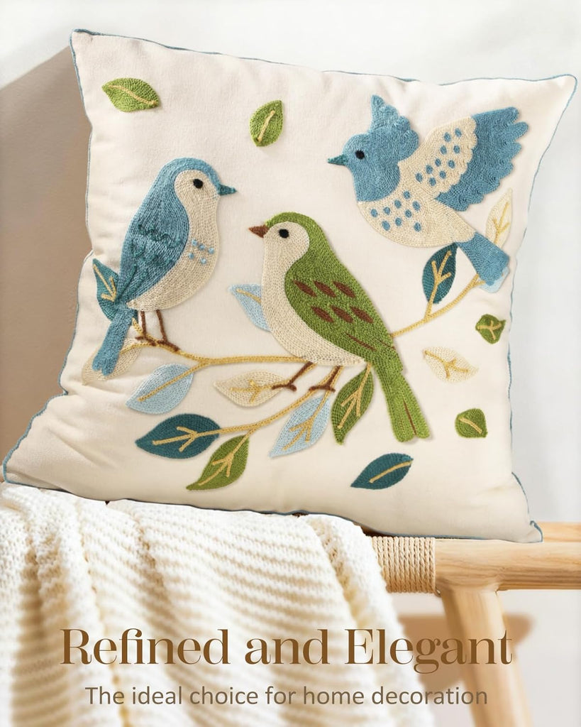 Embroidered Throw Pillow Cover 18x18 Inch - Summer Farmhouse Decorative Pillow Covers with Zipper, Birds Leaves