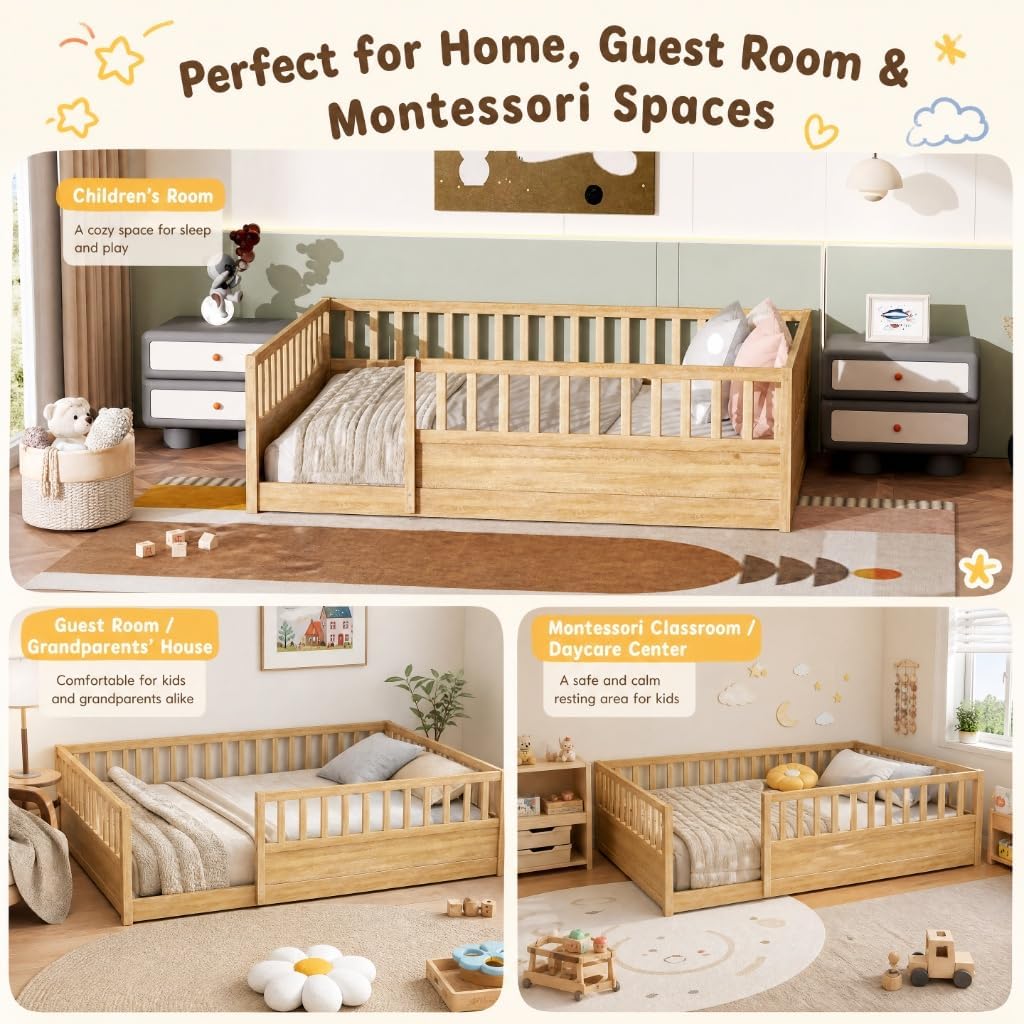 Floor Bed Frame with 21.4" High Fence, Solid Wood Montessori Floor Bed for Kids, Low to Ground