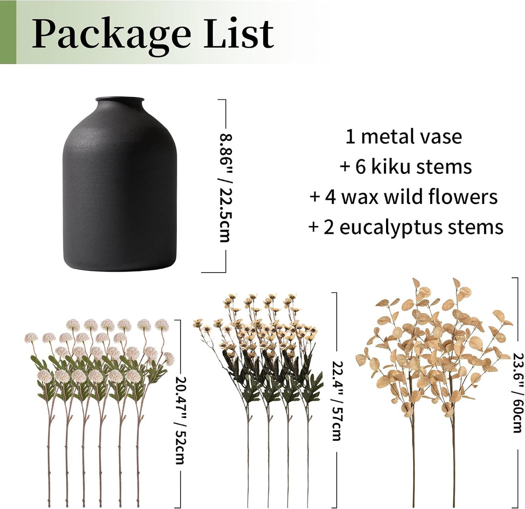 Beige Faux Flowers in Vase for Dining Table Centerpiece Decor | With Metal Vase 12 Stems of Fake Mums, Wax