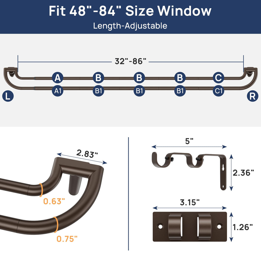 48-84" Double Curtain Rod for Blackout, Quick Release, Bronze