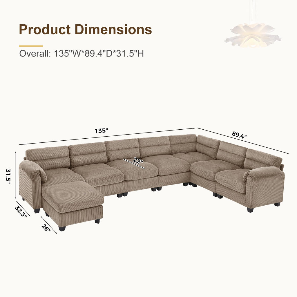135" Modular Sectional L Shaped Corner Sofa with Movable Ottoman, Premium Corduroy 8-Seater Couches with Rolled Arms