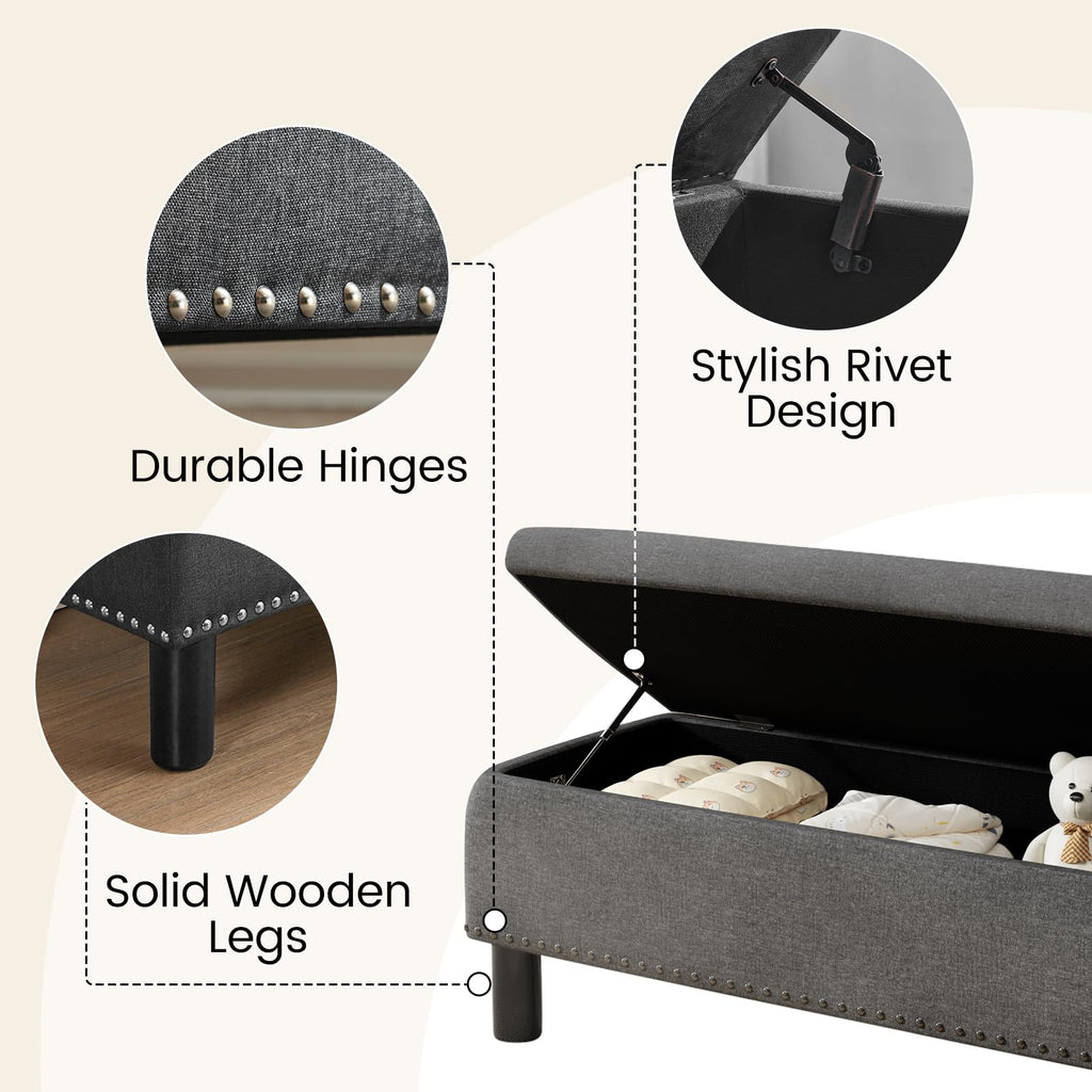 Storage Bench, Upholstered Linen Ottoman Bench with Button-Tufted, Folding Bedroom Bench with Wood Legs, Entryway