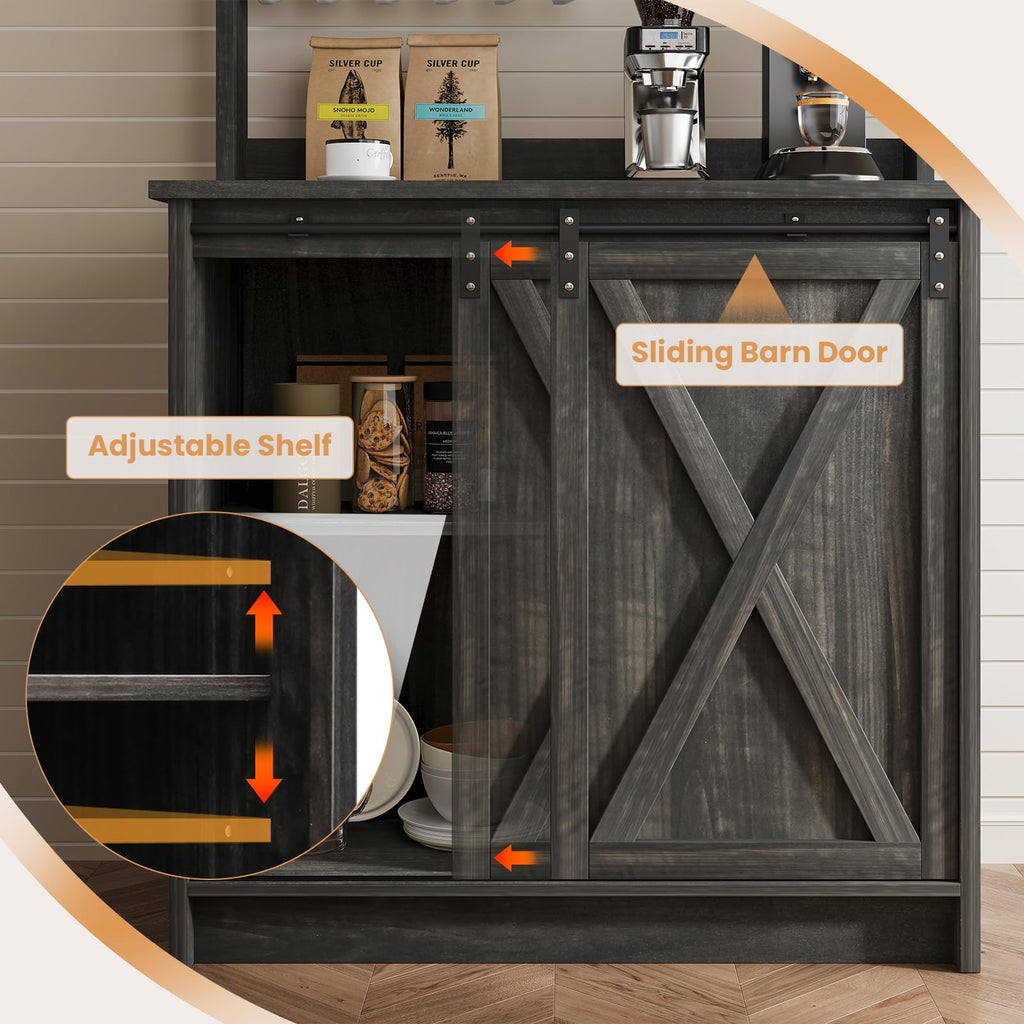 31" Farmhouse Coffee Bar Cabinet with Storage Hutch, Oak