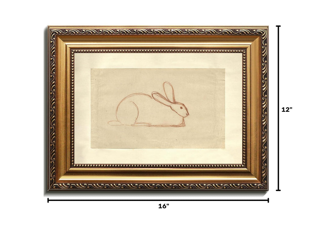 Vintage Gold Framed Wall Art, Neutral Easter Bunny Sketch Canvas Art Prints Painting, Anquite Rabbit Drawing Picture