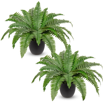 2Pcs Artificial Ferns in Pot for Outdoors Indoor 17.7" Small Fake Ferns 25 Leaves Faux Boston Ferns Potted Plant Fern