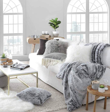 Double Sided Faux Fur Throw Blanket Silky Soft Oversized Afghan Machine Washable, Grey Striped Mink Chinchilla Shadow