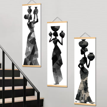 African American Woman Wall Art Geometric Silhouette Scroll Poster Holding Clay Pots Black & White Stylish Decor