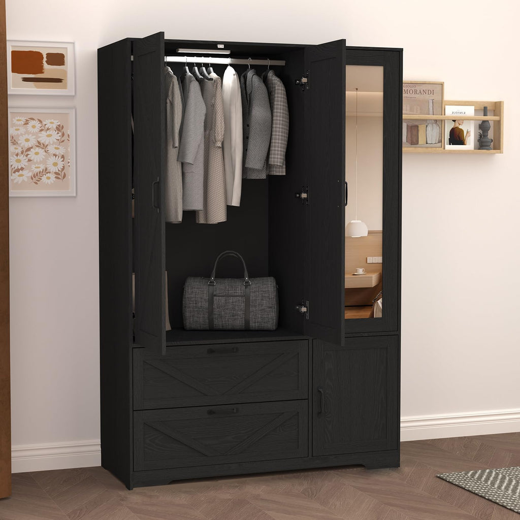 72" Armoire Wardrobe Closet with Mirror Door and LED Lights, 3 Doors Farmhouse Bedroom Armoire with Drawers and