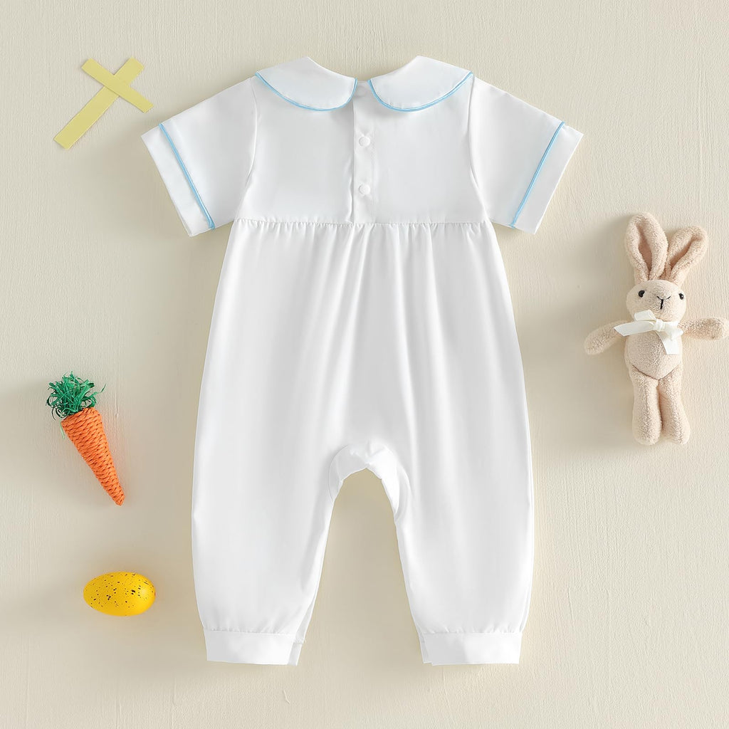 Newborn Baby Boy Baptism Outfit Bubble Romper Peter Pan Bodysuit Cross Jumpsuit Infant Church Outfit (White