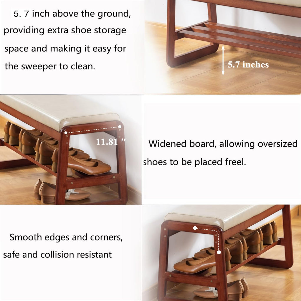 Solid Wood Shoe Bench, 2-Tier Wooden Entryway Bench, Modern Shoe Rack with Faux Leather Cushion (Gray, 31.5'')