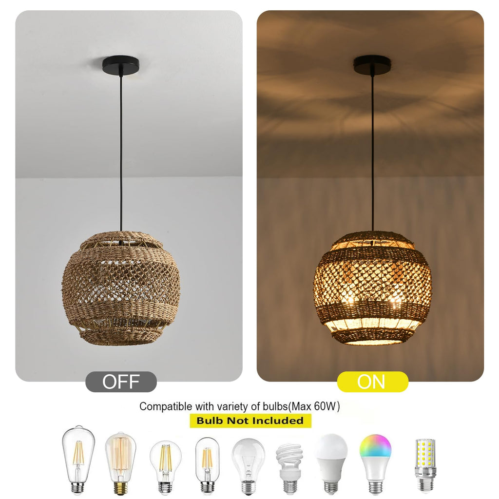 13.8" Woven Rattan Pendant Light, Wicker Hanging Light