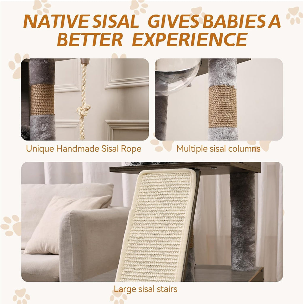 Cat Litter Box Enclosure with Cat Tree Tower and Condo, Hidden Cat Washroom Furniture with Sisal Scratching Post