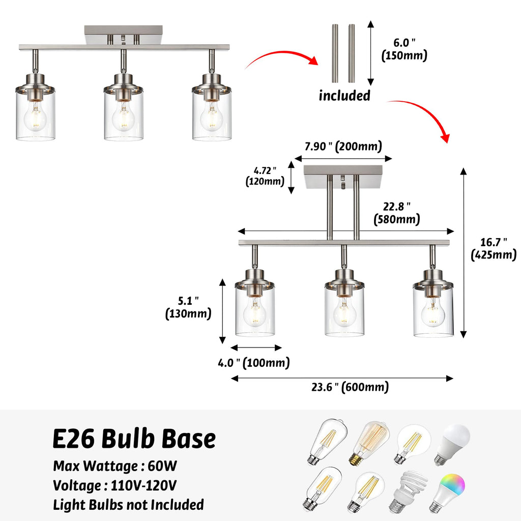 Track Lighting Fixtures 3 Light Directional Ceiling Lights with Adjustable Track Heads, Brushed Nickel Bathroom