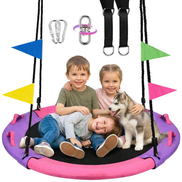 43" Saucer Tree Swing 360° Swivel, Kids & Adults, Pink Purple