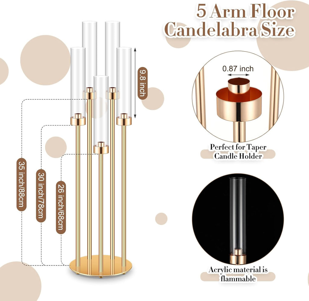 8 Pcs Acrylic Candelabra Centerpieces 35" Tall Clear Candle Holders Pillar Taper Candlestick with Lampshades 5 Arm