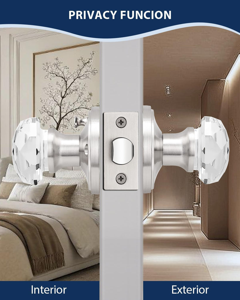 1 Pack Diamond Crystal Door Knob, Privacy Door Handle /Bathroom, Interior Keyless Door Knob with Pin Lock, Zinc Alloy