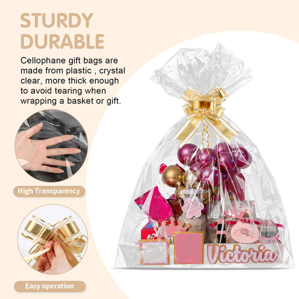10 Pcs Jumbo Huge Cellophane Gift Bags 50x60 Inch Extra Large Cellophane Wrap Clear Gift Basket Wrap with 10 Gold