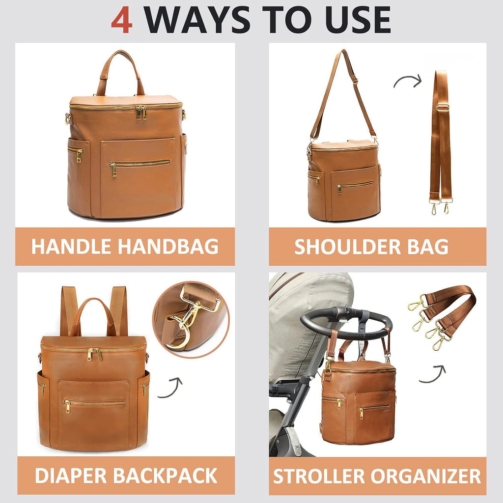 Diaper bag, Leather Diaper Bag Backpack by, Diaper Backpack with Laptop Sleeve,Changing Pad,Wipes Pouch,Stroller