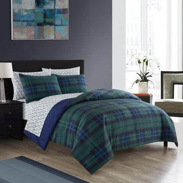 7 Piece Super Soft Bed in a Bag Bedding Set, Blue Tartan, King