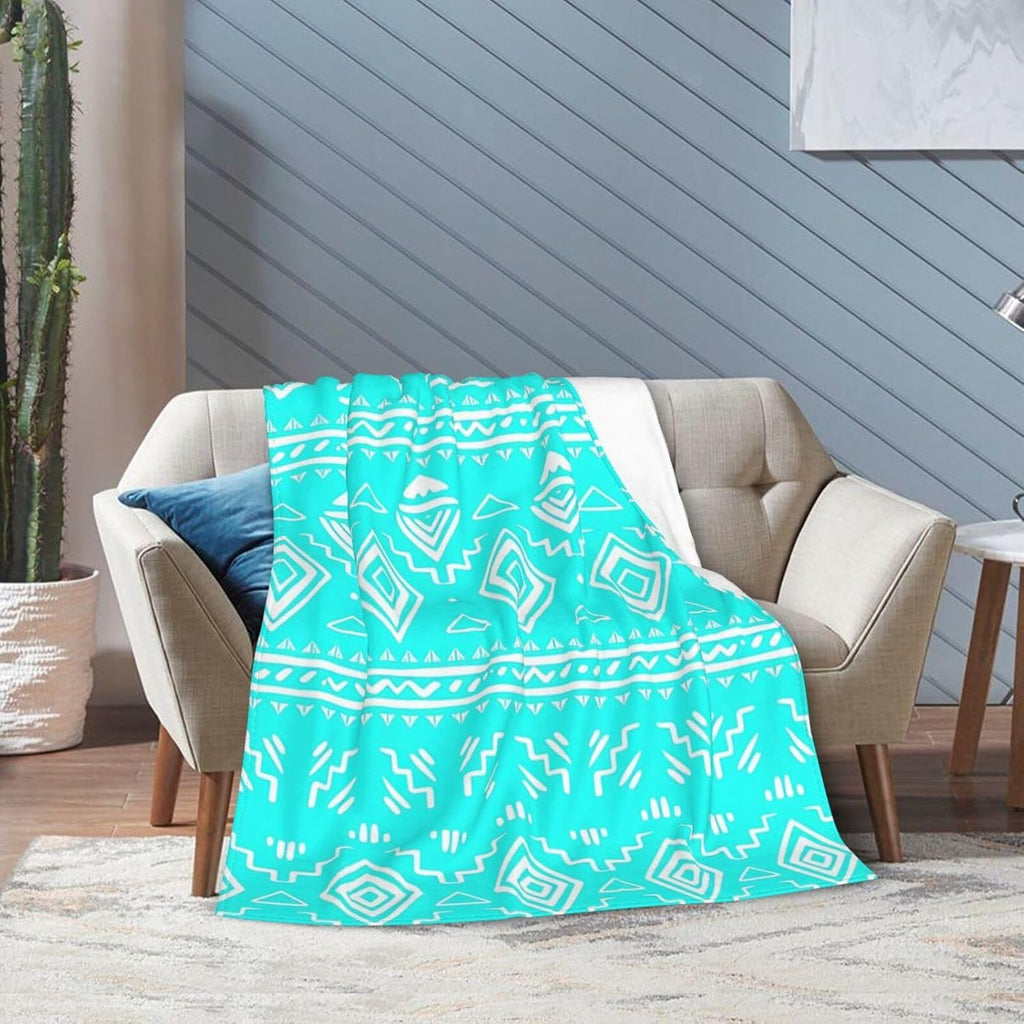 Turquoise Teal Western Boho Tribal Throw Blanket Gifts for Women, Soft Fuzzy Warm Cozy Flannel Blankets, Travel