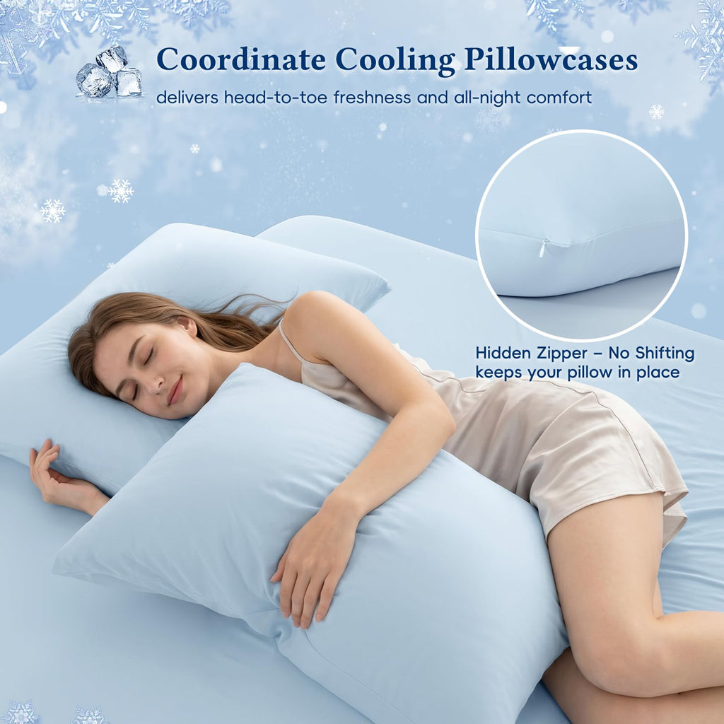 Cooling Fitted Sheet Set Q-Max > 0.48, Twin Size, Ice Blue