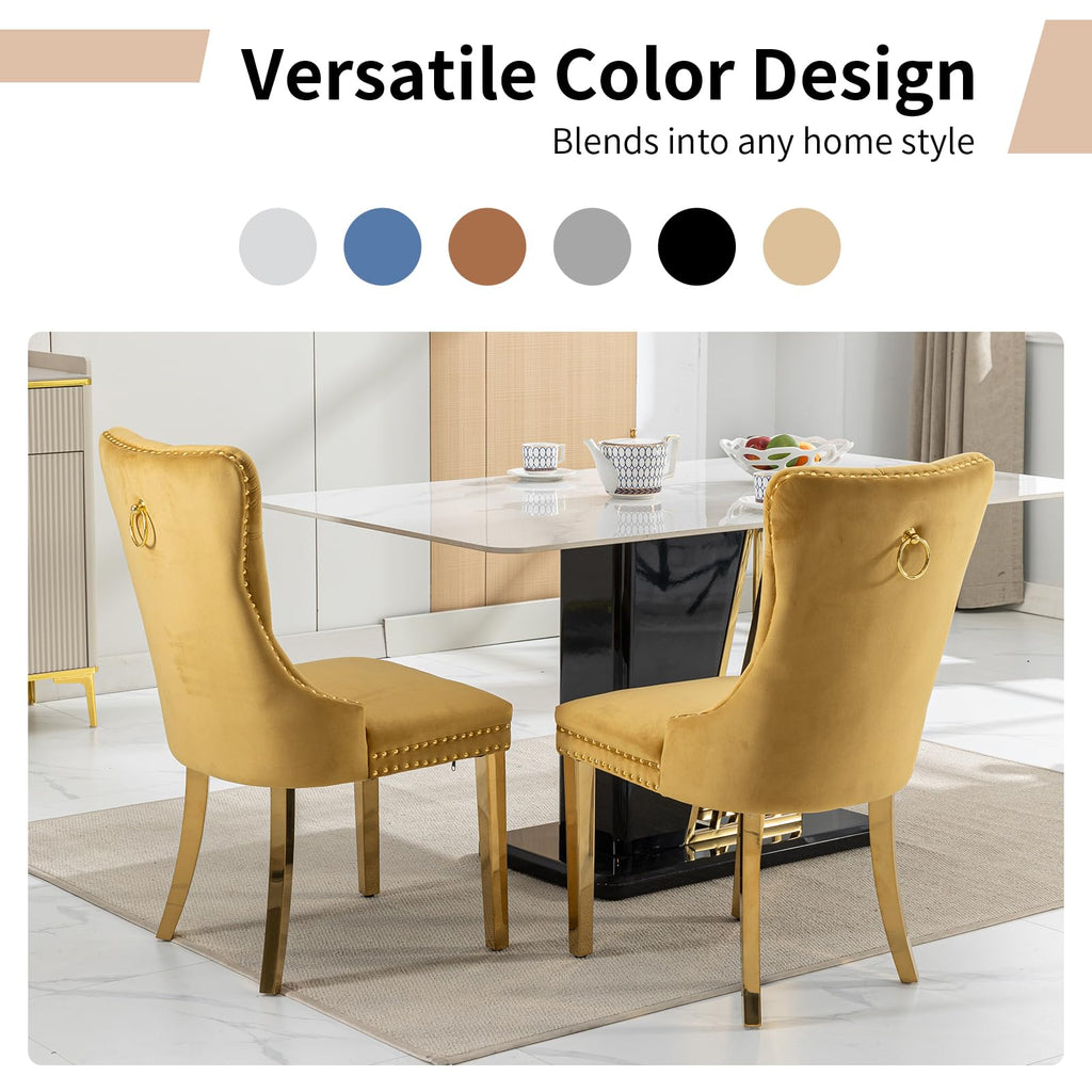 Luxury Upholstered Dining Chairs Set of 2, Yellow Kitchen Chair with Golden Metal Legs, Velvet Tufted Back Dining