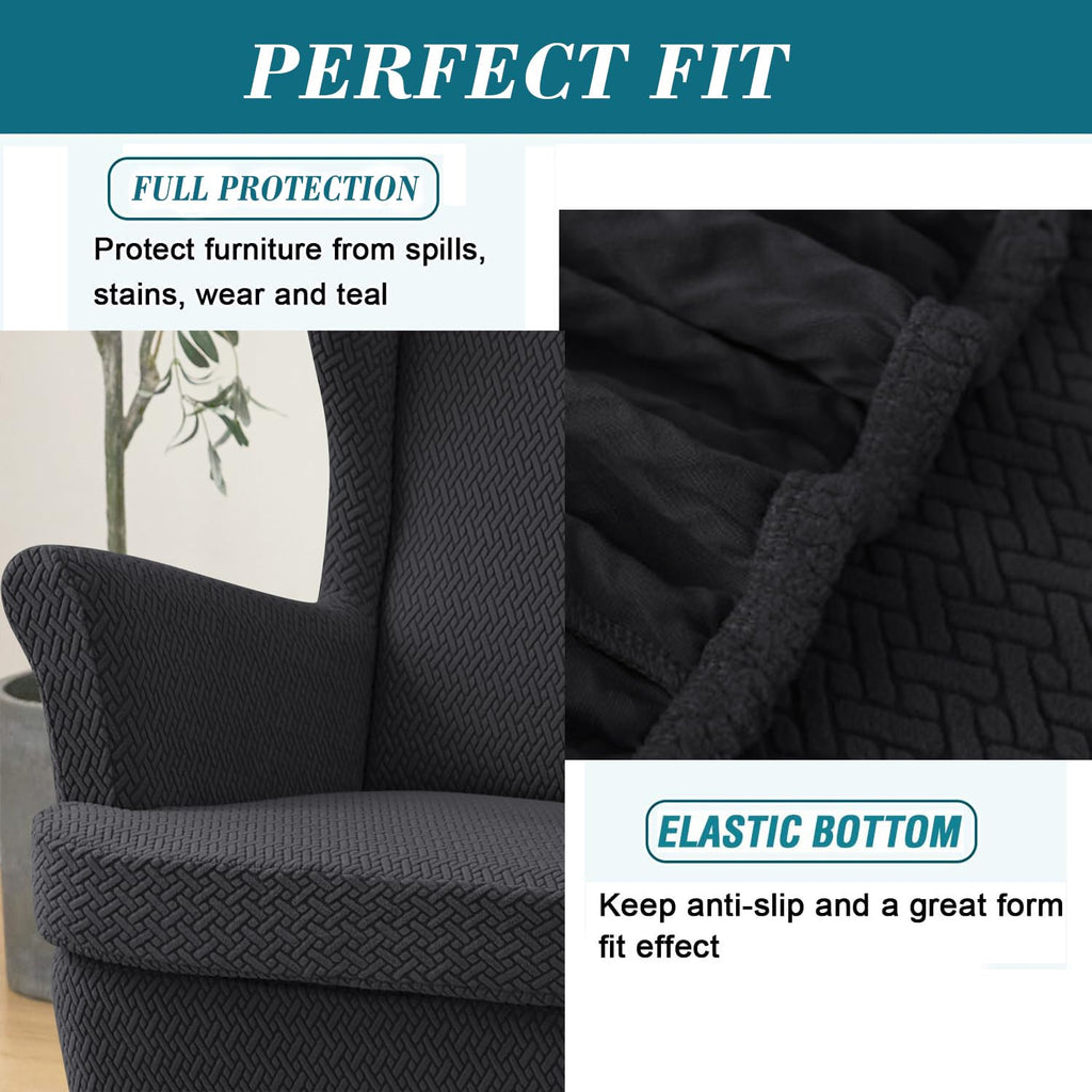 Wingback Chair Slipcover, 2 Piece Stretch Jacquard Wingback Chair Covers Thick Wing Back Chair Covers with Arms Wing