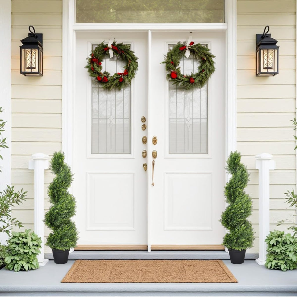 3ft Tall Spiral Topiary Trees Artificial Outdoor Set of 2 | UV Resistant Realistic Faux Cedar Cypress Fake Plants