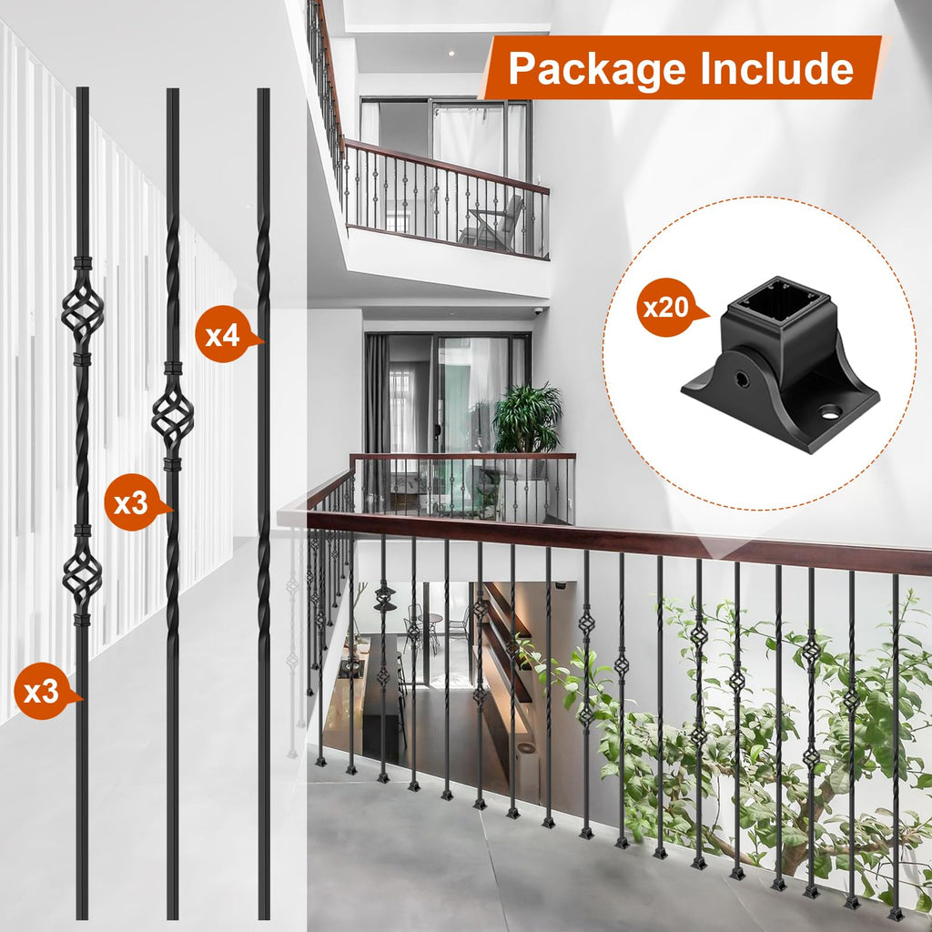 10 Pack Wrought Iron Stair Balusters with 20 Iron Baluster Shoes