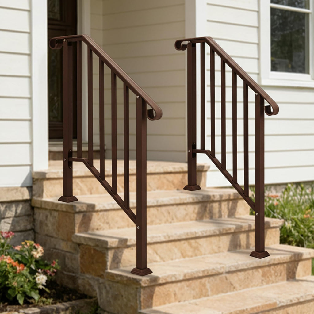 2 Pack Handrails for Outdoor Steps, Stair Handrail Kit Fits 1 to 5 Steps, Wrought Iron Hand Rail with Curved End &