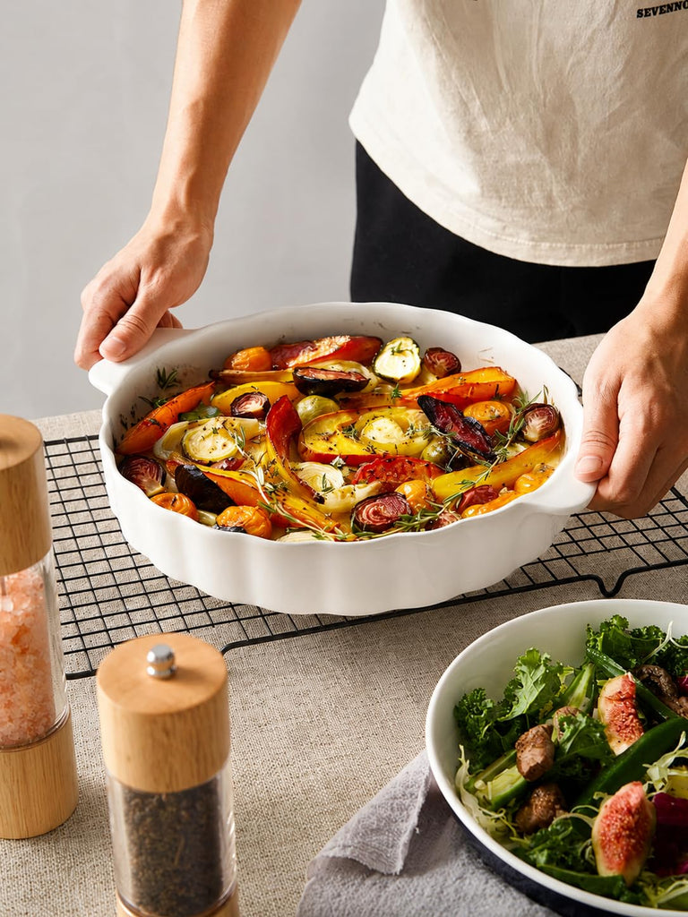 Ceramic Pie Pan, 13 Inch Round Baking Dish with Handles, White