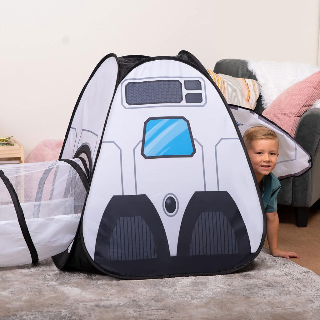 White Rocket Ship Pop up Play Tent with Tunnel and Playhouse Kids Indoor Outdoor Spaceship Tent Set