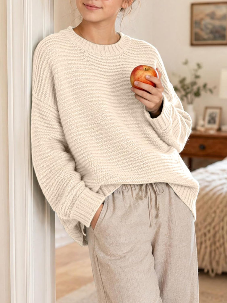 Knit Sweater Long Sleeve Crewneck Solid Soft Loose Pullover for Tween Warm Casual Fall Winter School Top