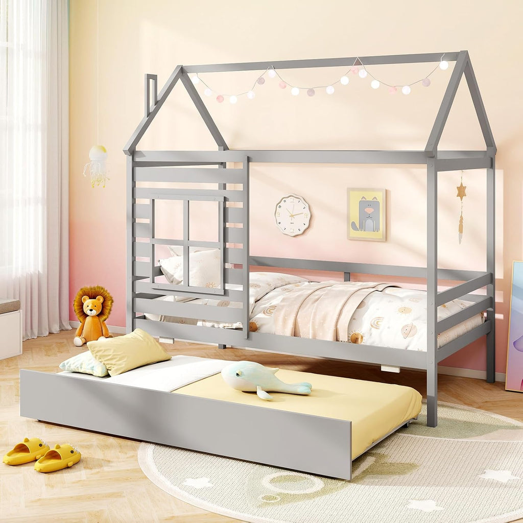 Tw Bed with Trundle Bed, Wooden Twin Bed Frames with Roof, Chimney & Window, Montessori House Bed with Safety