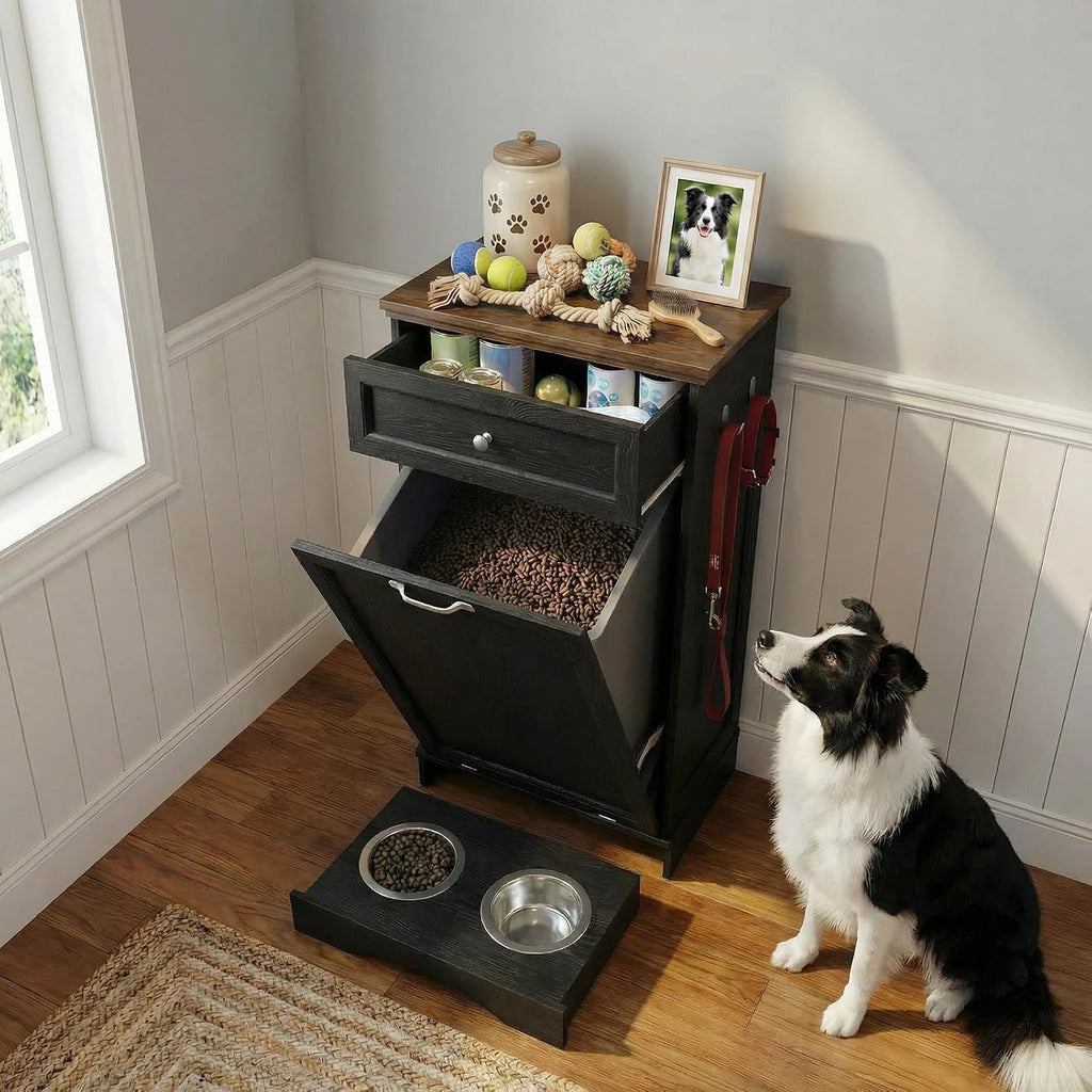 Dog Feeding Station with Storage Cabinet, Tilt-Out Door, Drawer (Black Oak)