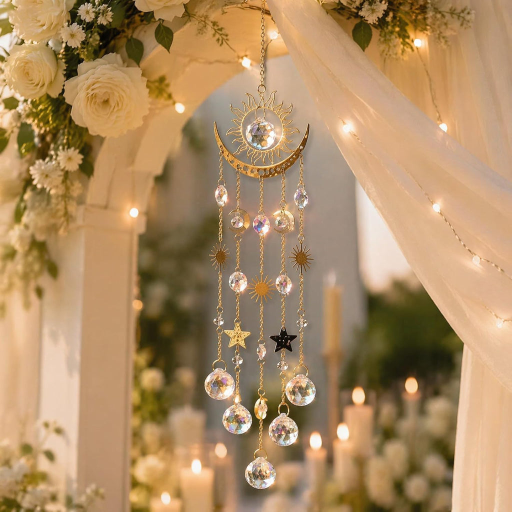 Sun and Moon Crystal Prism Suncatcher for Window Hanging - Sun Catchers Indoor Hanging Ornaments with Sun Moon Star