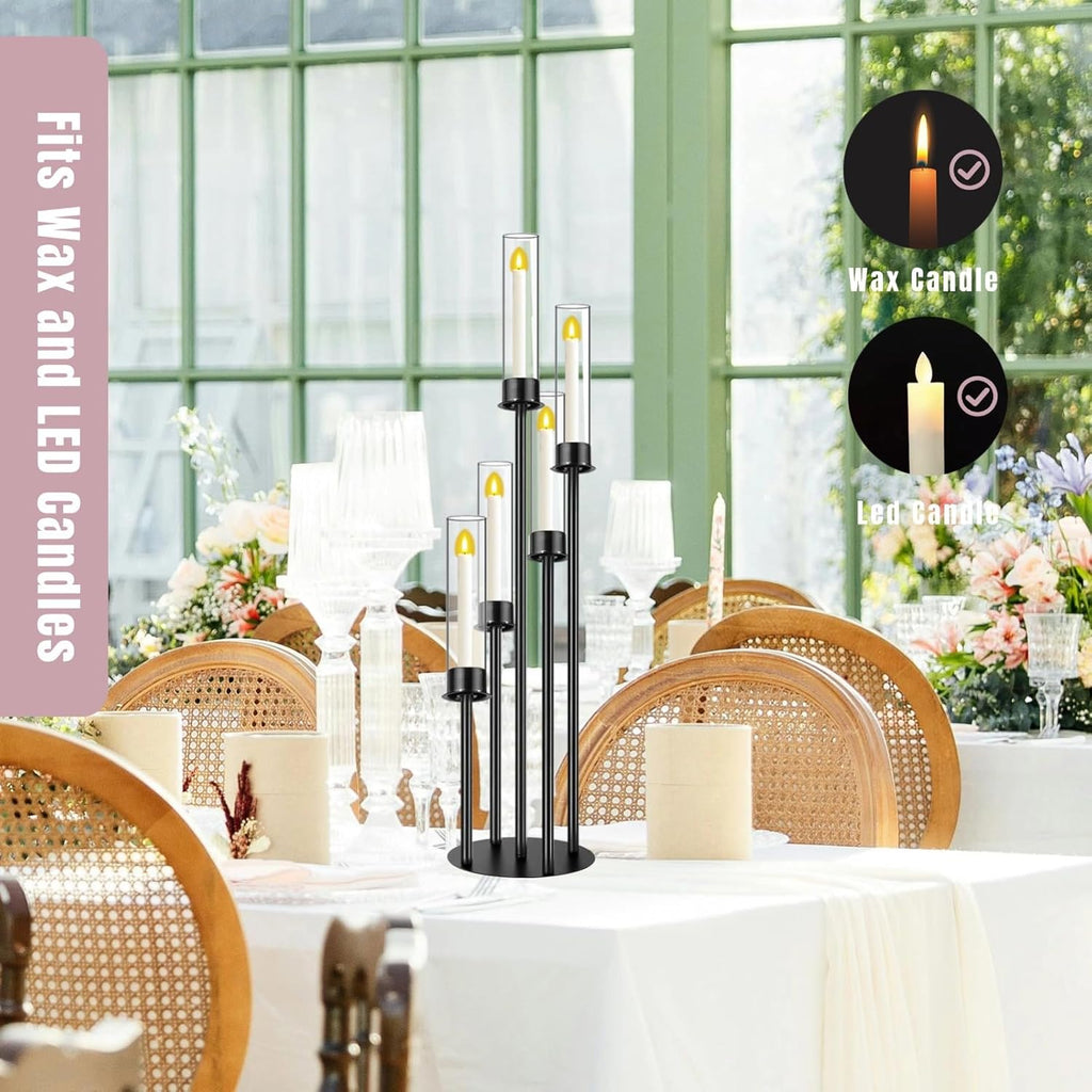 Black Candelabra with Glass Cylinders for Real Candles 5 Head Metal Candle Holder Wedding Centerpiece Ceremony