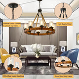 8 Light Wagon Wheels Chandeliers,Round Wood Pendant Light with Seeded Glass Shade Rustic Farmhouse Pendant for Dining Room Kitchen and Entryway A105-B0DN1KTN85