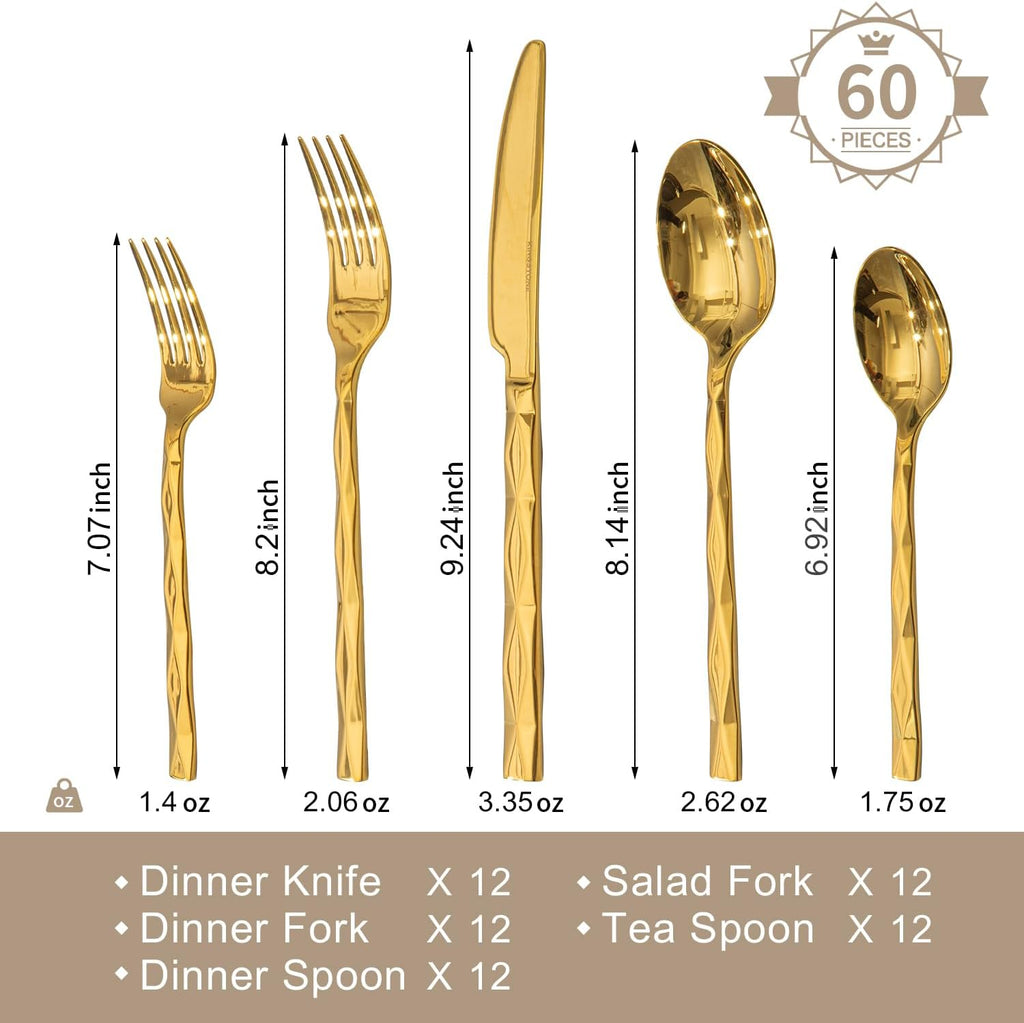 Gold Silverware Set, Luxury 60-Piece Flatware Set for 12, 18/10 Stainless Steel Cutlery Set with Diamond Cut Pattern