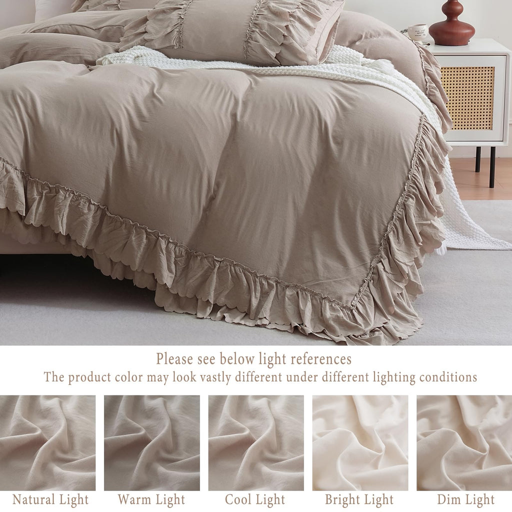 Taupe Boho Comforter King Size, Shabby Chic Ruffle Bedding Set, 2 Layers Ruffles Fluffy Vintage Comforter Home