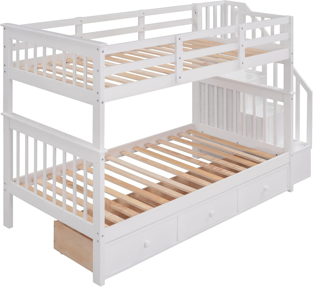 Stairway Bunk Bed with Storage Drawers, Twin Over Twin Wood Bunk Bed with Stairs for Kids Teens, Convertible Two Bed