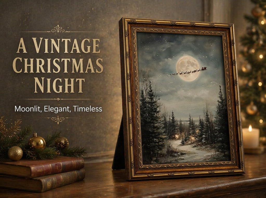 Vintage Santa Sleigh Framed Wall Art Antique Christmas Night Full Moon Snowy Winter Forest Farmhouse Holiday Wall