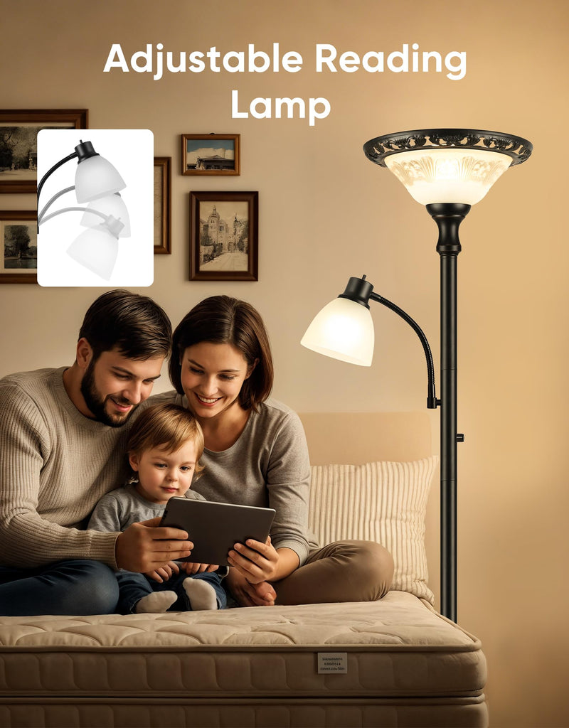 Torchiere Floor Lamp with Reading Light, Thick Glass Shade