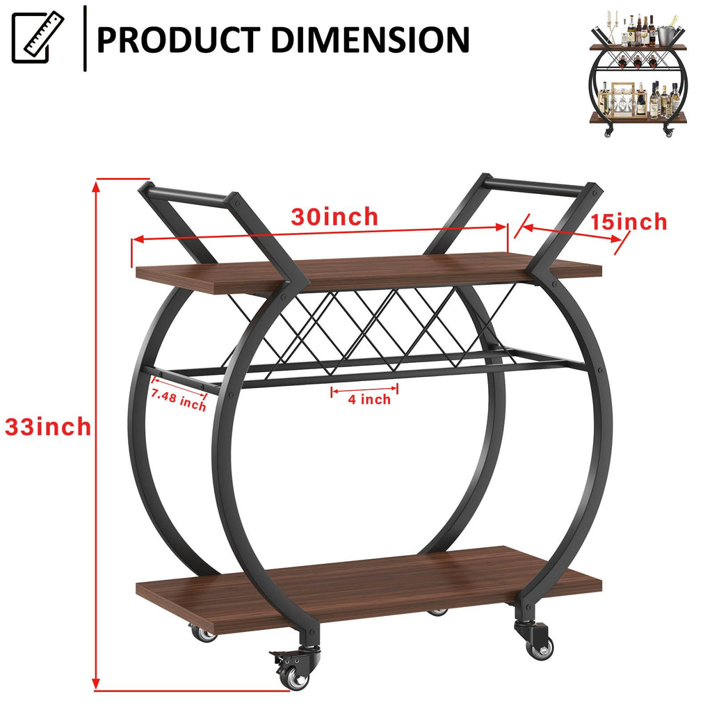 Modern Bar Cart, Industrial Rolling Wine Cart with Wine Rack, Walnut