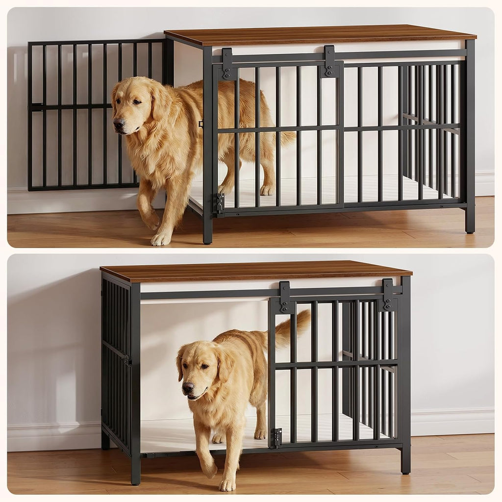 Dog Crate Furniture with Sliding Barn Door, Dog Kennel Indoor for Medium/Large Dogs, Heavy Duty Dog Cage with 2
