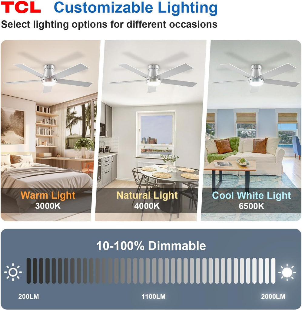 52" Ceiling Fan with Lights, Silver Flush Mount, 5 Blade Low Profile, 6 Speeds DC Reversible, Dimmable, Modern for Bedroom, Living Room and Garage A101-B0D4Z8Z927