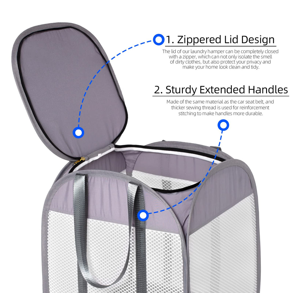 Pop-Up Laundry Hamper with YKK Zipper Lid, 1.5 Loads, Reinforced Handles